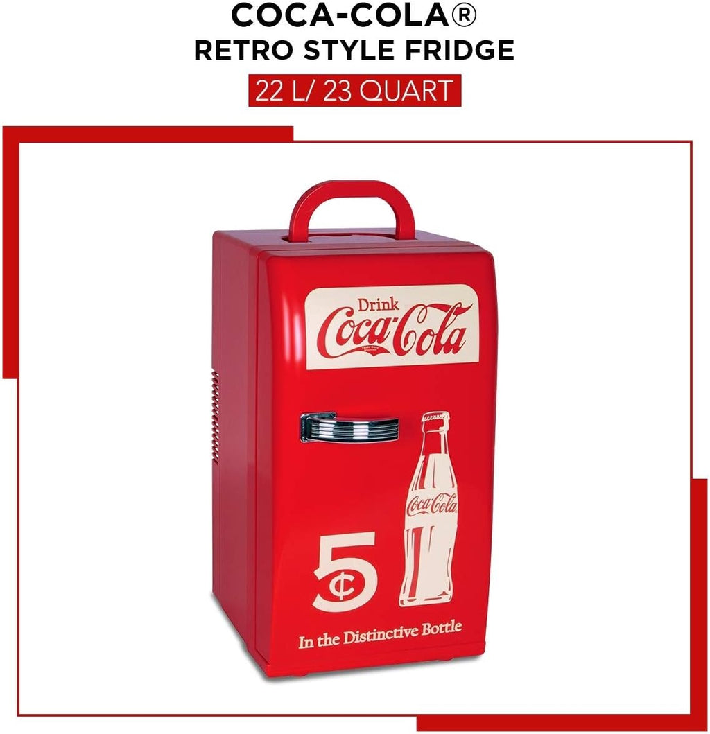 Coca Cola Mini Fridge - 18 Can Refrigerator for Bedroom Office, Portable Table Top Beverage Cooler, 12V 110V Refrigerador For Drink, Soda, Wine, Use In Car, Dorm, Outdoor, Patio