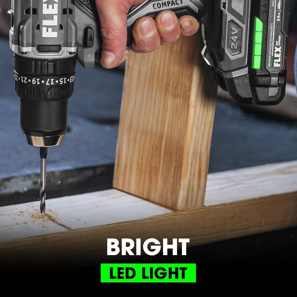 FLEX 24V Brushless Cordless 1/2-Inch 650 In-Lbs Torque 2-Speed Compact Hammer Drill Kit with 2.5Ah Lithium Battery and 160W Fast Charger - FX1231-1A