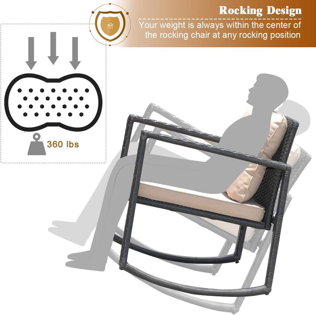 Tangkula 3 Pieces Patio Wicker Rocking Set, Outdoor Rocking Chairs and Table Set with Cushions, Glass Coffee Table with Storage Shelf, Suitable for Patio, Garden, Poolside, Balcony (Beige)