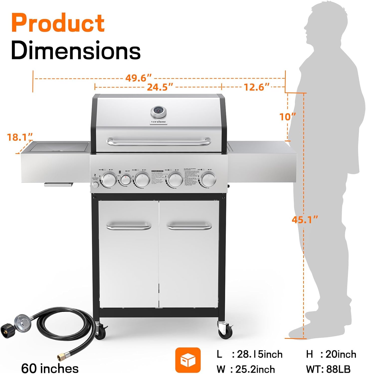Veralune 55,000 BTU 4+1 Burner Gas Grill with Infrared Side Burner, Porcelain Cast Iron Grates & Stainless Steel Build for Fast Heating, Easy Cleaning, Ideal for Outdoor Kitchens, Patios & Backyards