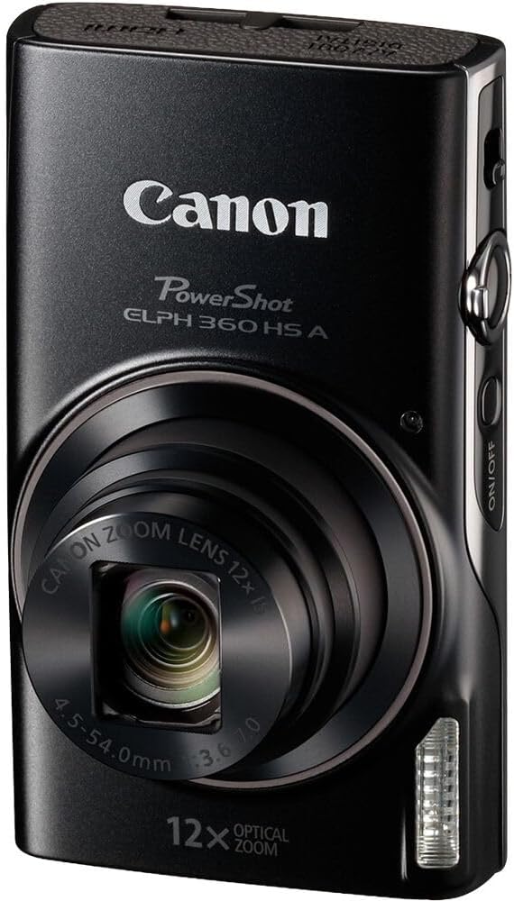 Canon PowerShot ELPH 360 HS A Digital Camera (Black) | 20.2MP CMOS Sensor, 12x Optical Zoom & Built-in Wi-Fi | Compact Point-and-Shoot for Travel & Everyday Photography (7280C001) + 64GB Card + Bag +