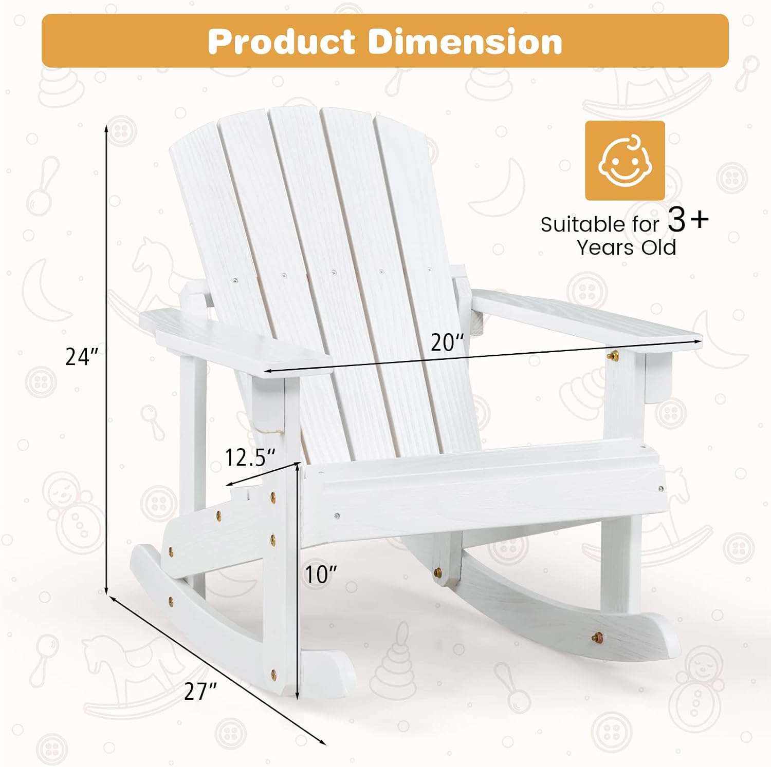 Giantex Wooden Adirondack Rocking Chairs Set of 2 - Kids Outdoor Rocker with Slatted seat, Smooth Rocking Feet, 300LBS Weight Capacity, Porch Rocking Chair for Balcony, Backyard, Poolside (2, White)
