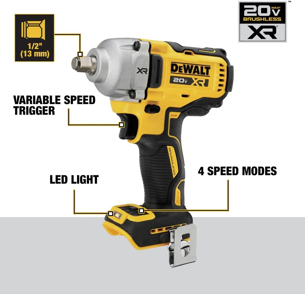 DEWALT 20V MAX Cordless Impact Wrench, 1/2' Hog Ring, Includes LED Work Light and Belt Clip, Bare Tool Only (DCF891B)