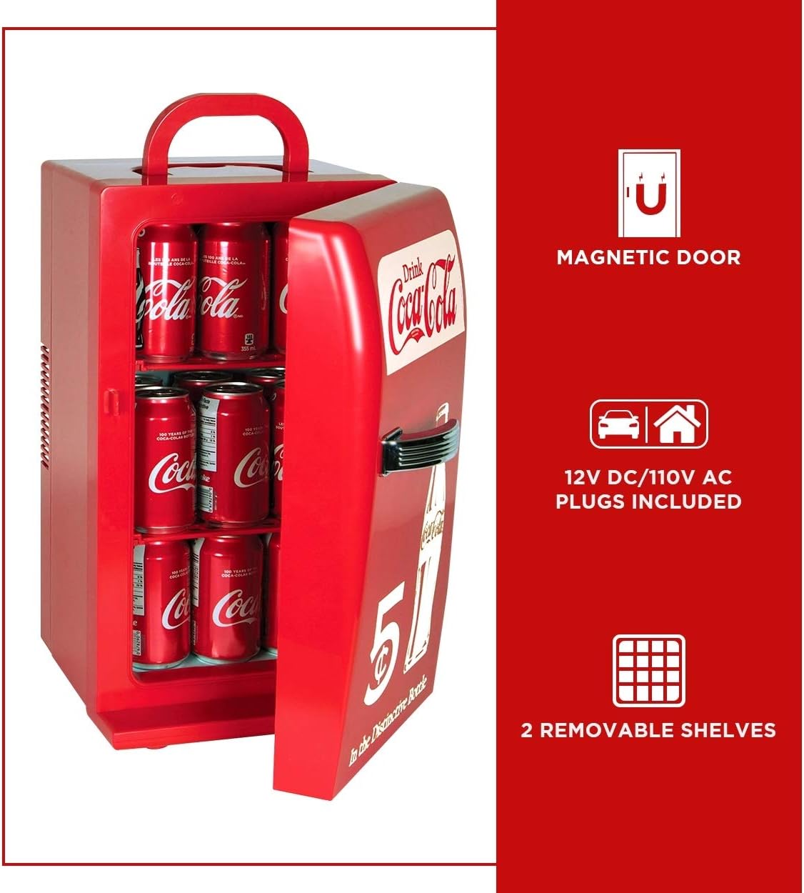 Coca Cola Mini Fridge - 18 Can Refrigerator for Bedroom Office, Portable Table Top Beverage Cooler, 12V 110V Refrigerador For Drink, Soda, Wine, Use In Car, Dorm, Outdoor, Patio