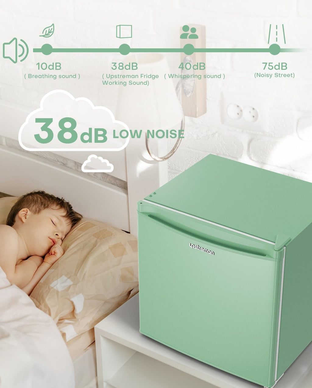 Upstreman 1.7 Cu.ft Mini Fridge with Freezer, Dorm Essentials, Adjustable Thermostat, Energy Saving, Low Noise, Single Door Compact Refrigerator for Dorm, Office, Bedroom, Mint Green-FR17