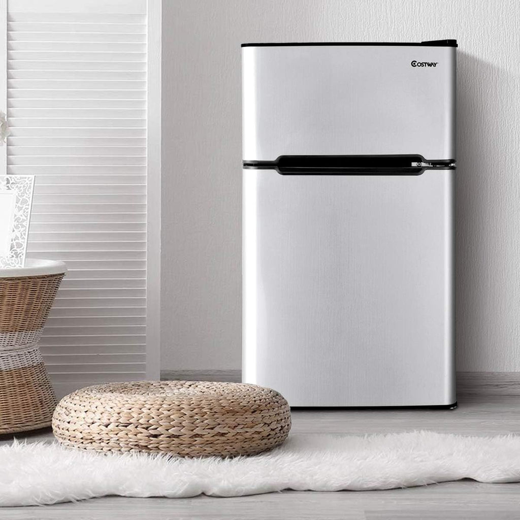 COSTWAY Mini Fridge with Freezer, 3.2 Cu.ft. 2-Door Mini Freezer Cooler Fridge w/ Reversible Door, Removable Glass Shelves, Mechanical Control, Small Refrigerator for Bedroom, Dorm, Office (Grey)