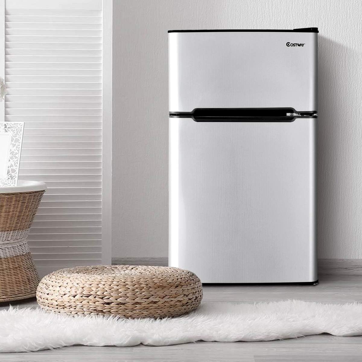 COSTWAY Mini Fridge with Freezer, 3.2 Cu.ft. 2-Door Mini Freezer Cooler Fridge w/ Reversible Door, Removable Glass Shelves, Mechanical Control, Small Refrigerator for Bedroom, Dorm, Office (Grey)