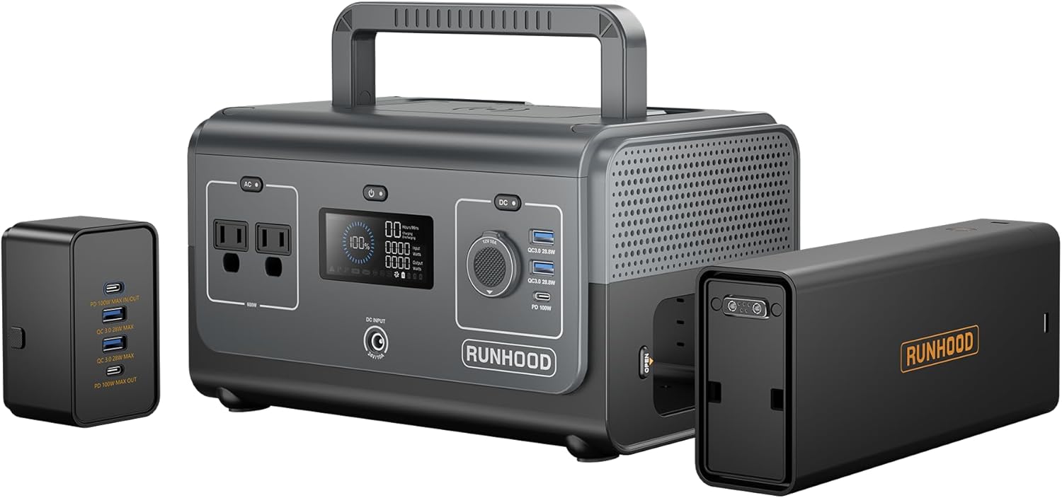 RUNHOOD Portable Power Station Rallye 600 Mini Max, 324WH Swappable&Replaceable Batteries, 2X600W(Peak 1200) Pure Sine Wave AC Modular Solar Generator Qiuck Restore Power for Camping/RVs/CPAP/HomeUse
