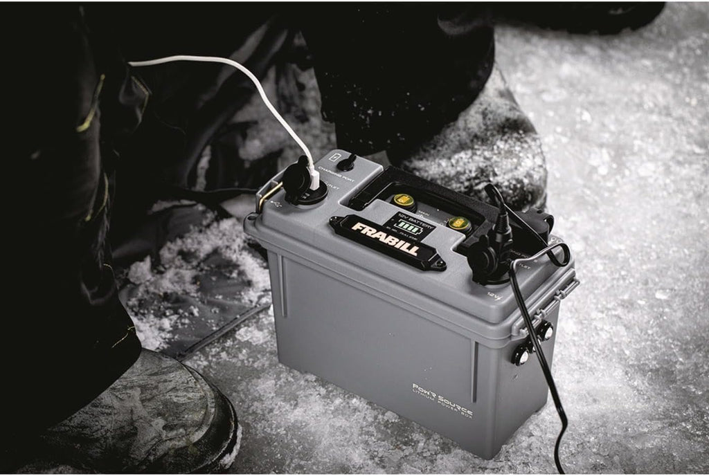 Frabill Pow'R Source Storage Box | Water Resistant Lightweight and Portable Power 12V 10 AH Power Source and Storage Box, Gray