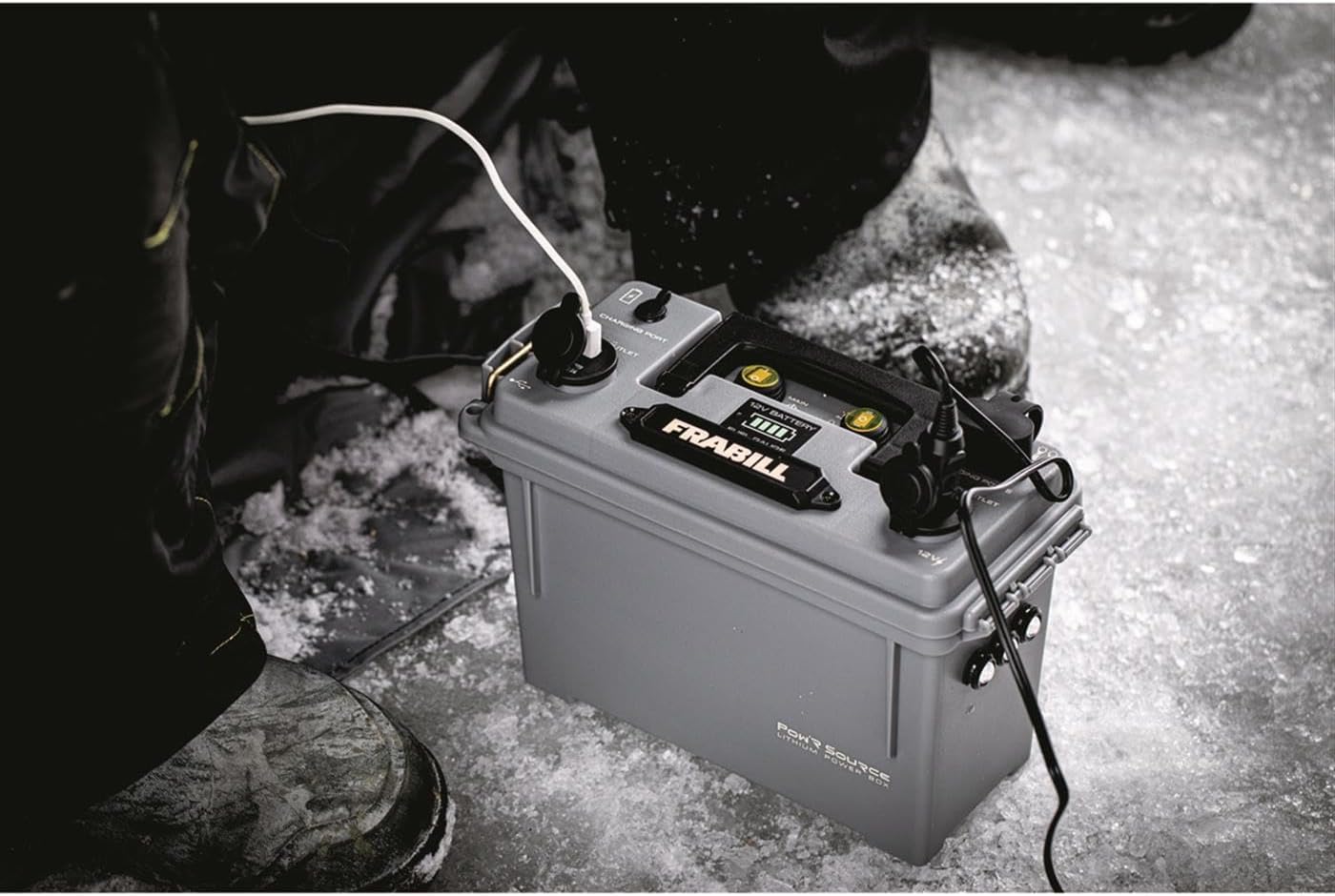 Frabill Pow'R Source Storage Box | Water Resistant Lightweight and Portable Power 12V 10 AH Power Source and Storage Box, Gray