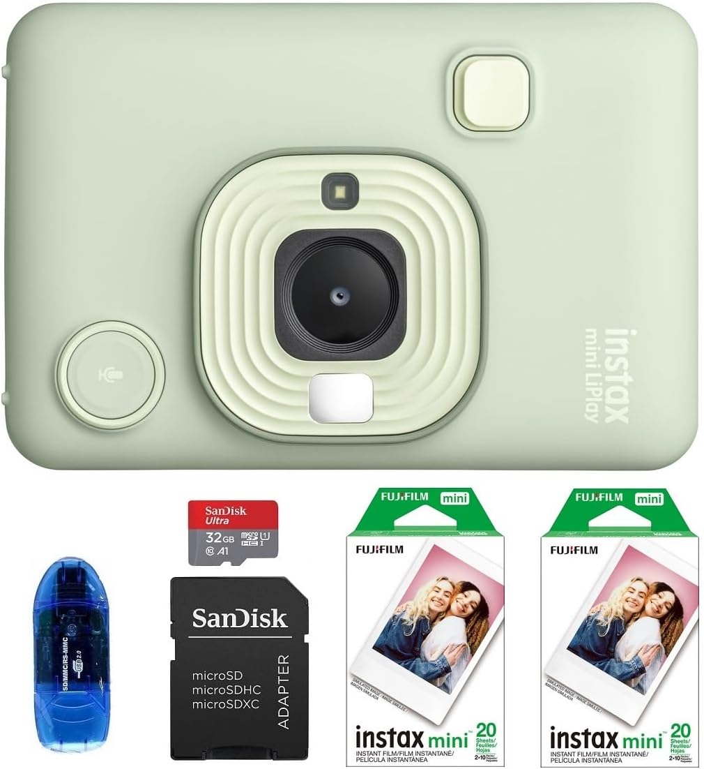 FUJIFILM INSTAX MINI Liplay Hybrid Instant Camera Bundle, Includes: INSTAX MINI Instant Film (40 Exposures), 32GB MicroSD Memory Card and Card Reader (5 Items) (Matcha Green)