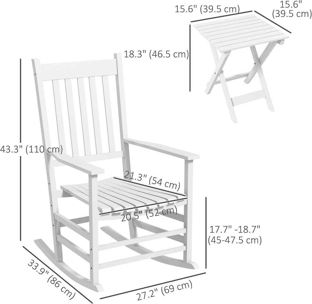 Outsunny Outdoor Rocking Chair Set of 2 with Side Table, Patio Wooden Rocking Chair with Smooth Armrests, High Back for Garden, Balcony, Porch, Supports Up to 352 lbs, White