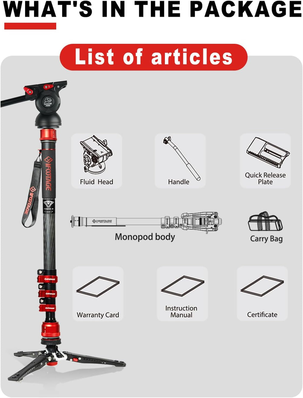 IFOOTAGE Monopod Cobra 3 C180F-P+K5S, 71' Monopod for Camera Carbon Fiber Travel Monopod with Feet, 1/4'' & 3/8'' Quick Release Compatible with Sony Canon Nikon DSLR Camera, Payload 17.6Lb