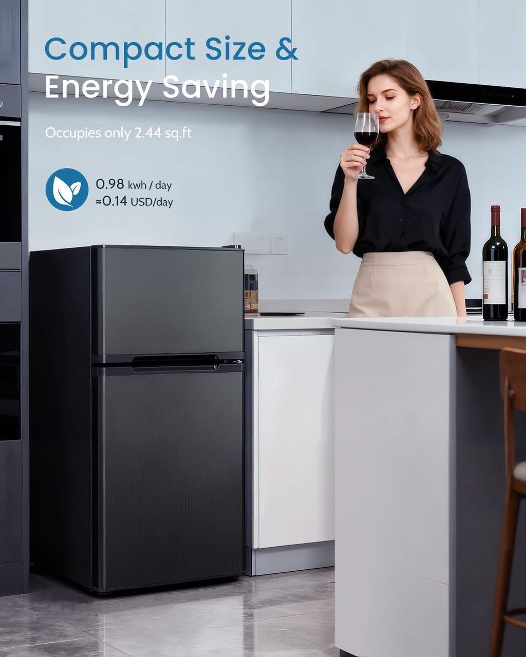 Feelfunn 3.2 Cu.Ft Mini Fridge with Freezer - 2 Door Small Refrigerator, Mini Refrigerator with Adjustable Thermostat, Removable Shelves, Mini Fridge for Bedroom, Office, Dorm, Apartment, Black