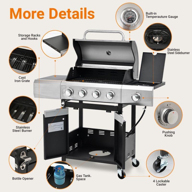 Endark Upgraded 51,000 BTU Gas Grill, 4 Burner BBQ Grill with Side Burner, Camping, Outdoor Cooking, Gatherings