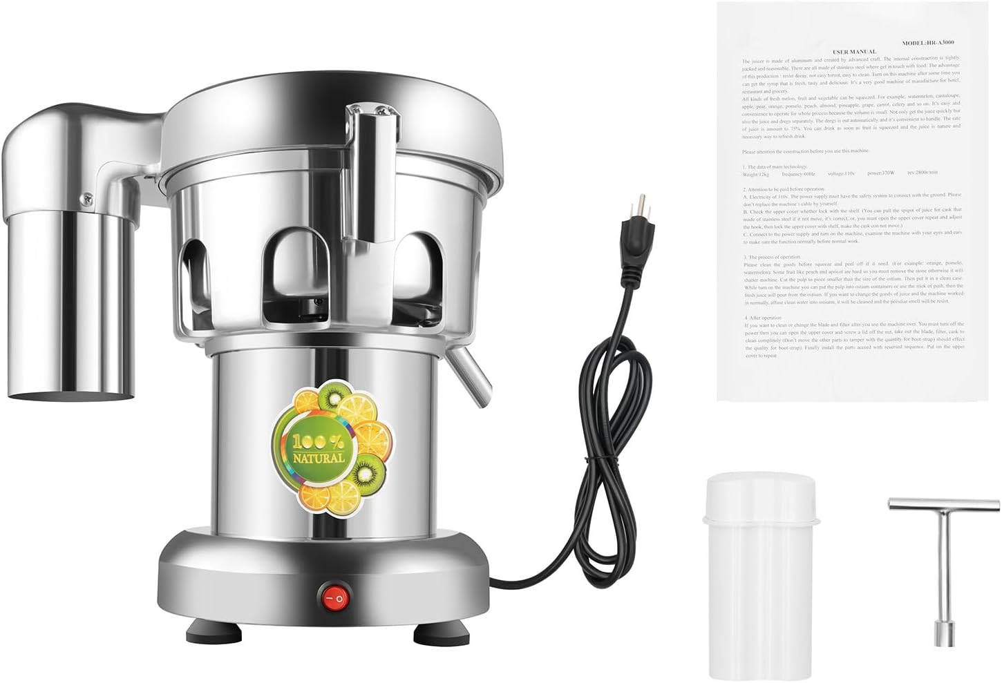 Automatic Pulp Separation Juicer, Stainless Steel Juice Extractor with 2800 RPM, 370W Electric Juicer with Deep Feed Chute and Low Noise Design for Family & Restaurant