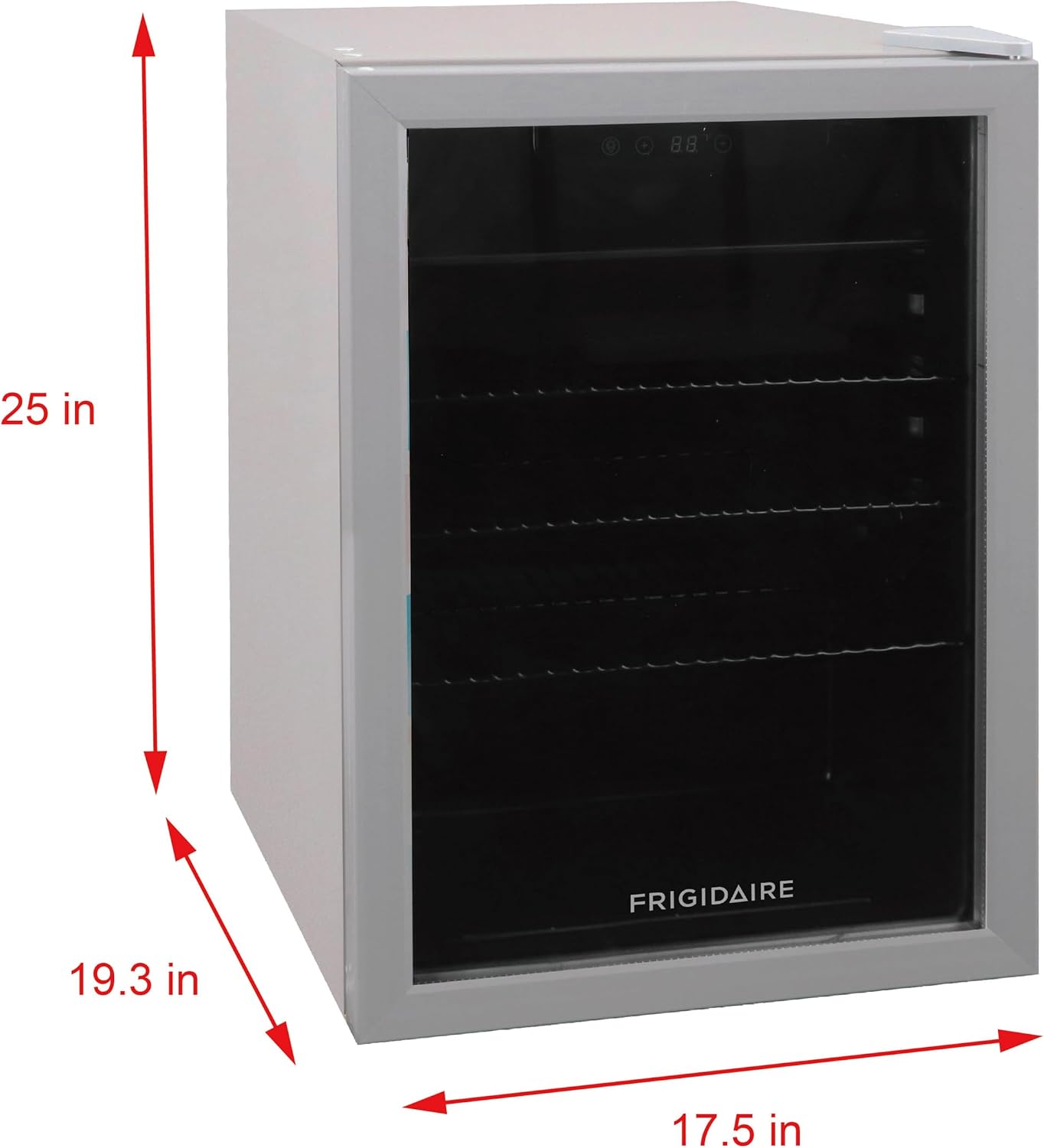 Frigidaire EFMIS9000AMZ, Beverage Fridge Refrigerator with Glass Door, Compact Mini Fridge with Digital Temperature Control Fits 88 Cans or 25 Bottles, 74L Capacity - 19.29'D x 25'W x 17.51'H, Silver