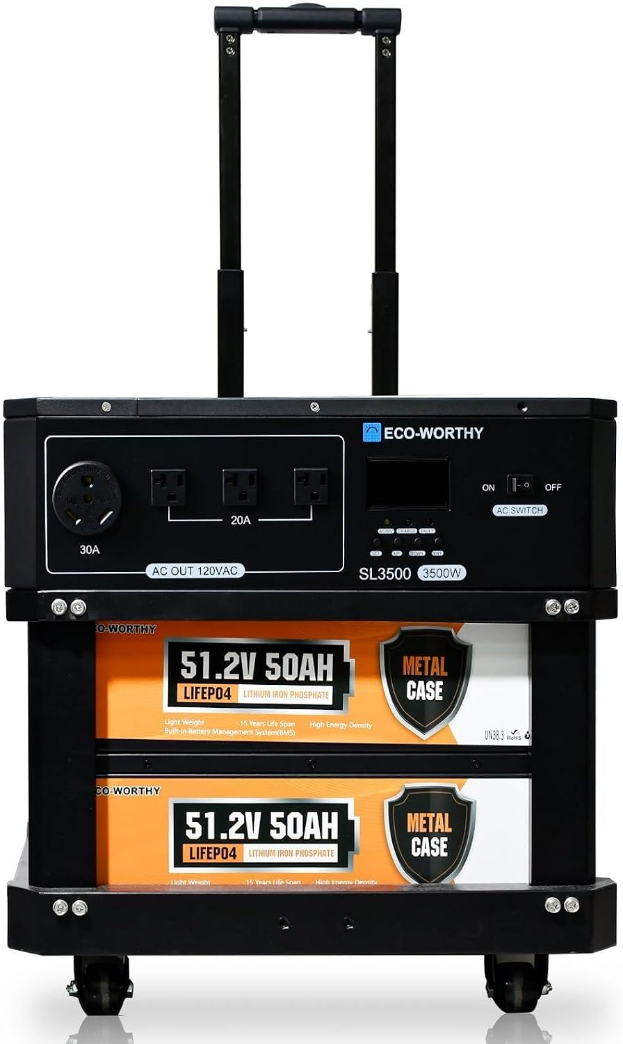 ECO-WORTHY 5120Wh SL3500 Stackable Power Station with 20ms UPS,Solar Inverter AC 3500W Output(Surge 6000W),Expandable to 15.36KWH,LiFePO4 Battery with BMS,Portable Stand for Home Backup,Emergency