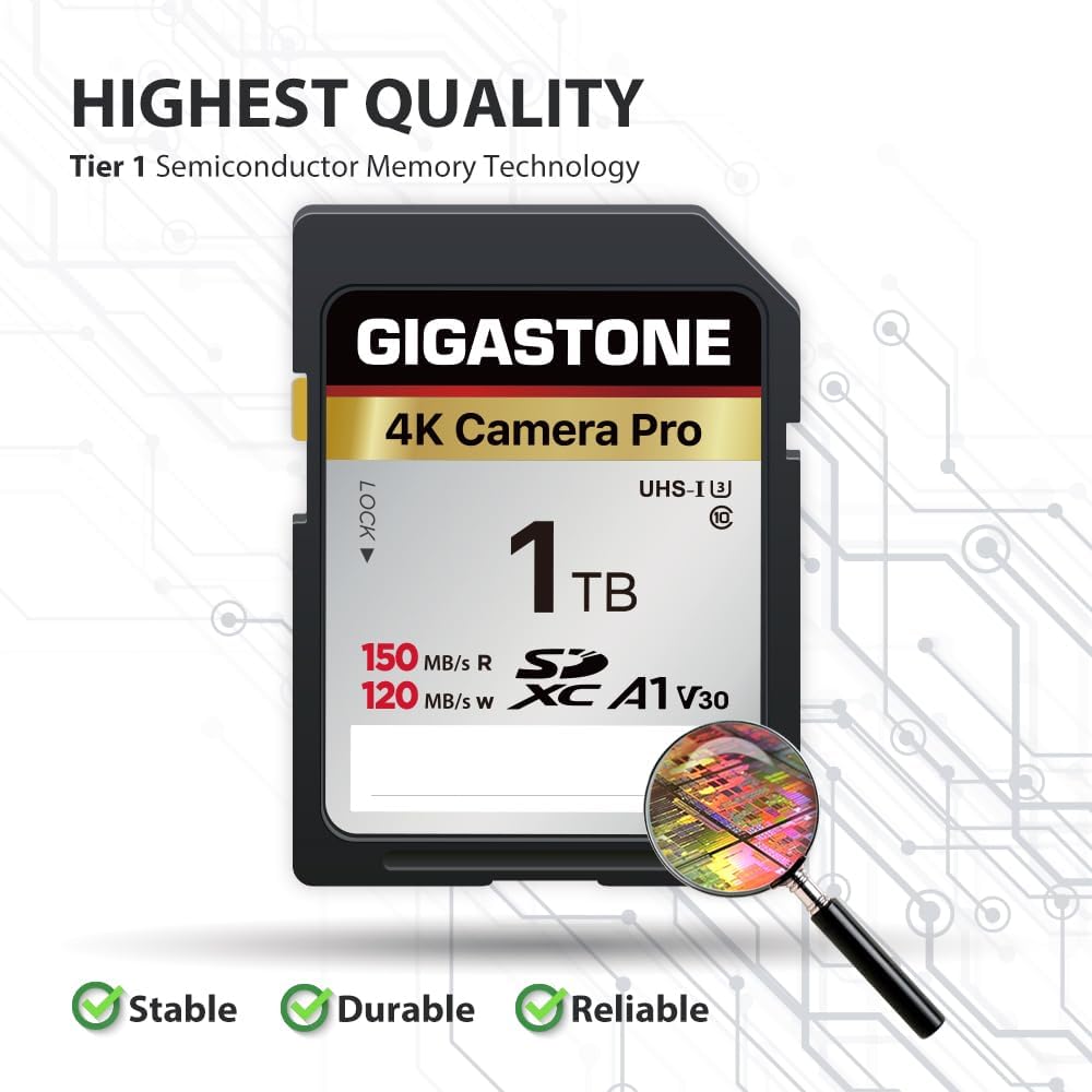【5-Years Data Recovery】 GIGASTONE 1TB SDXC Memory Card 4K Pro Series Camera Transfer Speed Up to 150MB/s Compatible with Canon Camcorder, A1 V30 UHS-I Class 10 for 4K UHD Video