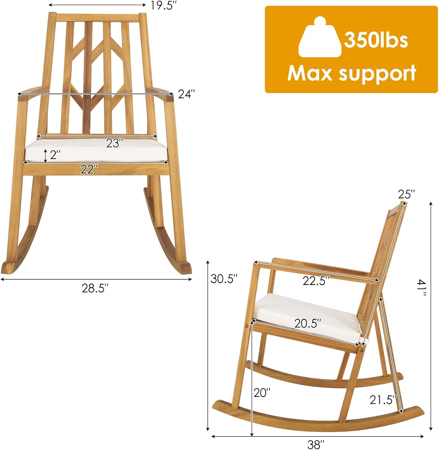 Tangkula 2 Pieces Acacia Wood Patio Rocking Chair, Outdoor Porch Rocker W/Removable High-Density Cushion, All-Weather Resistance, Perfect for Garden, Backyard, Poolside