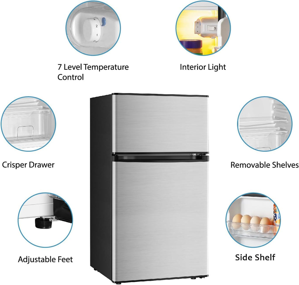 Saeoola Mini Fridge with Freezer, 3.2 Cu.Ft, 2 Doors Compact Mini Refrigerator with Separate Freezer for Dorm, Bedroom, Office, Apartment with 7-Level Temperature Control, Removable Shelves (Sliver)