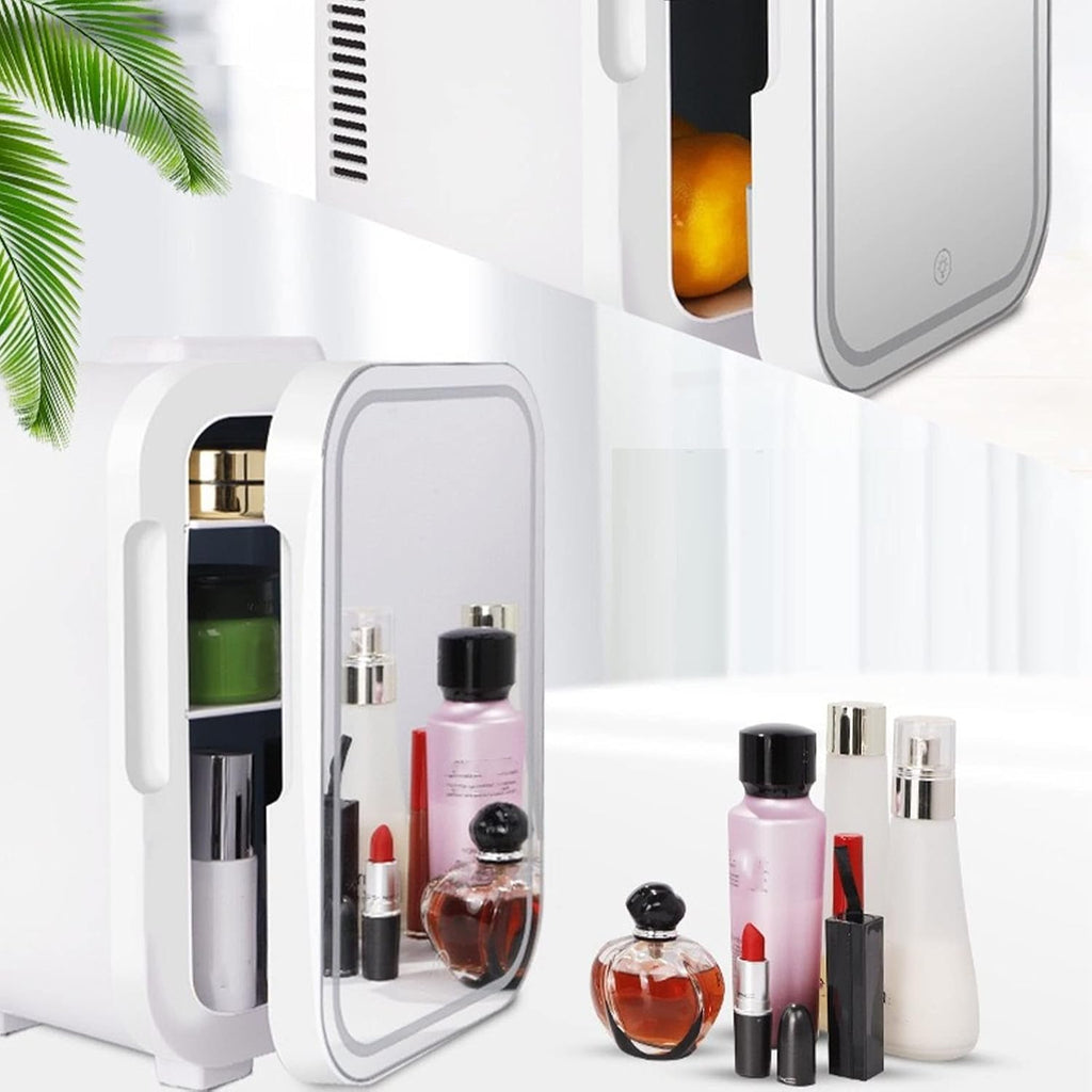 Asixxsix Mini Fridge, Quiet Dimmable LED Mirrored Beauty Fridge 8L Portable Electric Plug in Cooler & Warmer AC DC Small Refrigerator for Food, Drinks, Beauty & Makeup, Bedroom Car Office