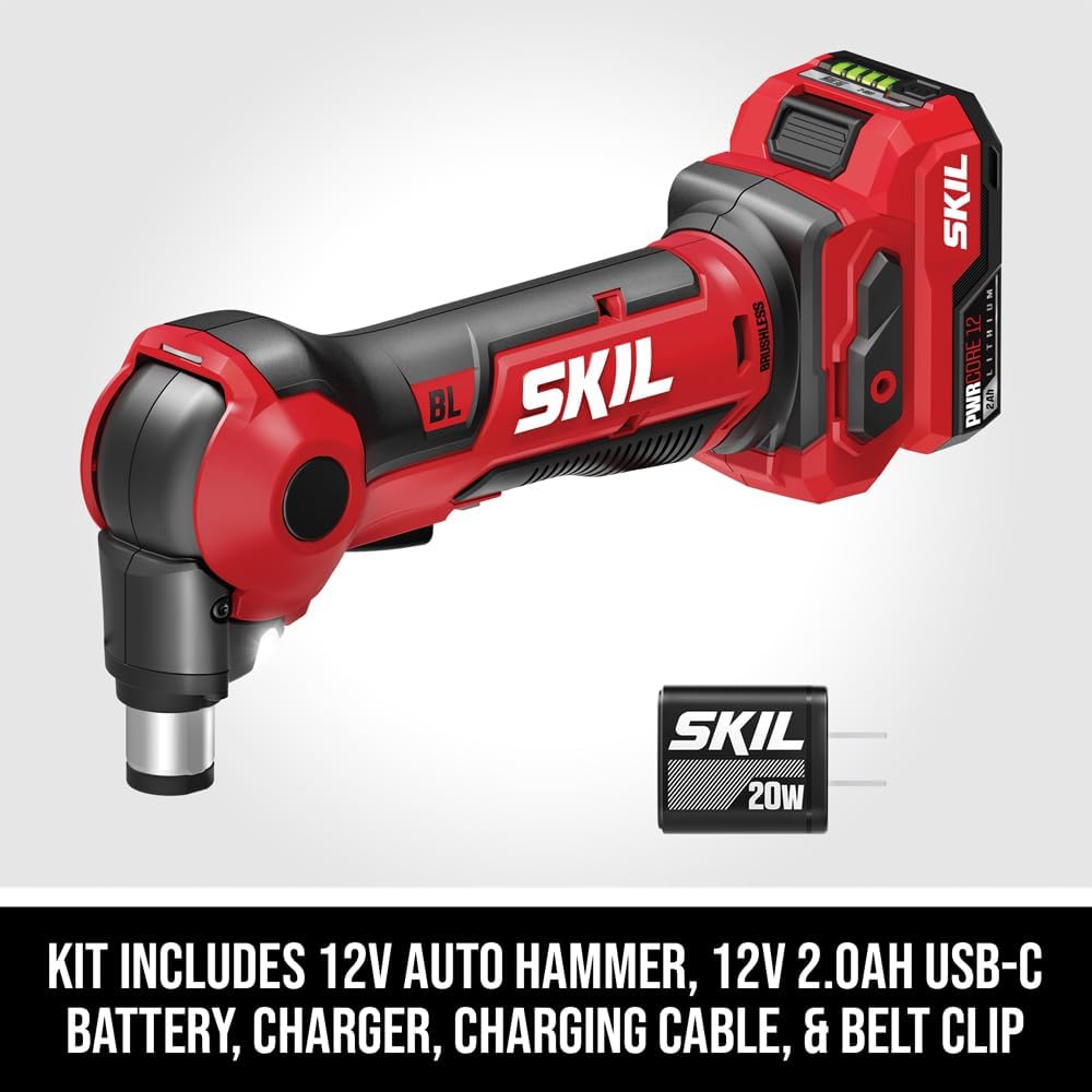 SKIL PWR CORE 12 Brushless 12V Auto Hammer Kit, Includes 2.0Ah USB-C Battery and 20W USB-C Charger - AH6552A-11
