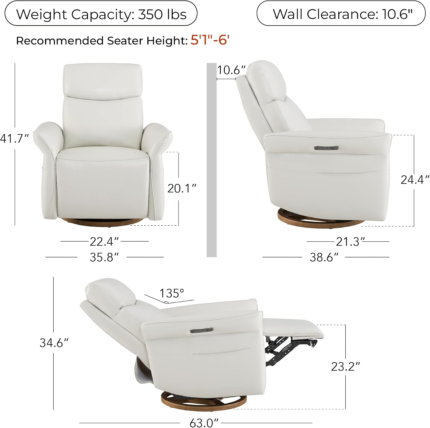 CHITA Genuine Leather Power Recliner Chair, Electric Triple-Motor Swivel Glider Nursery Rocking Chair with Adjustable Power Headrest and Lumbar Support, GREENGARD Gold Certified, Creamy Grey