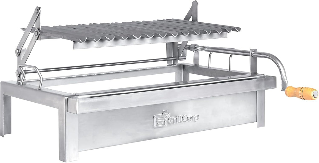 Medium Argentine Grill – Portable & Built-in 100% Stainless Steel BBQ with Lifting System & Drip Pan – Fits Medium Grillcorp Roasting Box – Outdoor Cooking & Camping Accessory