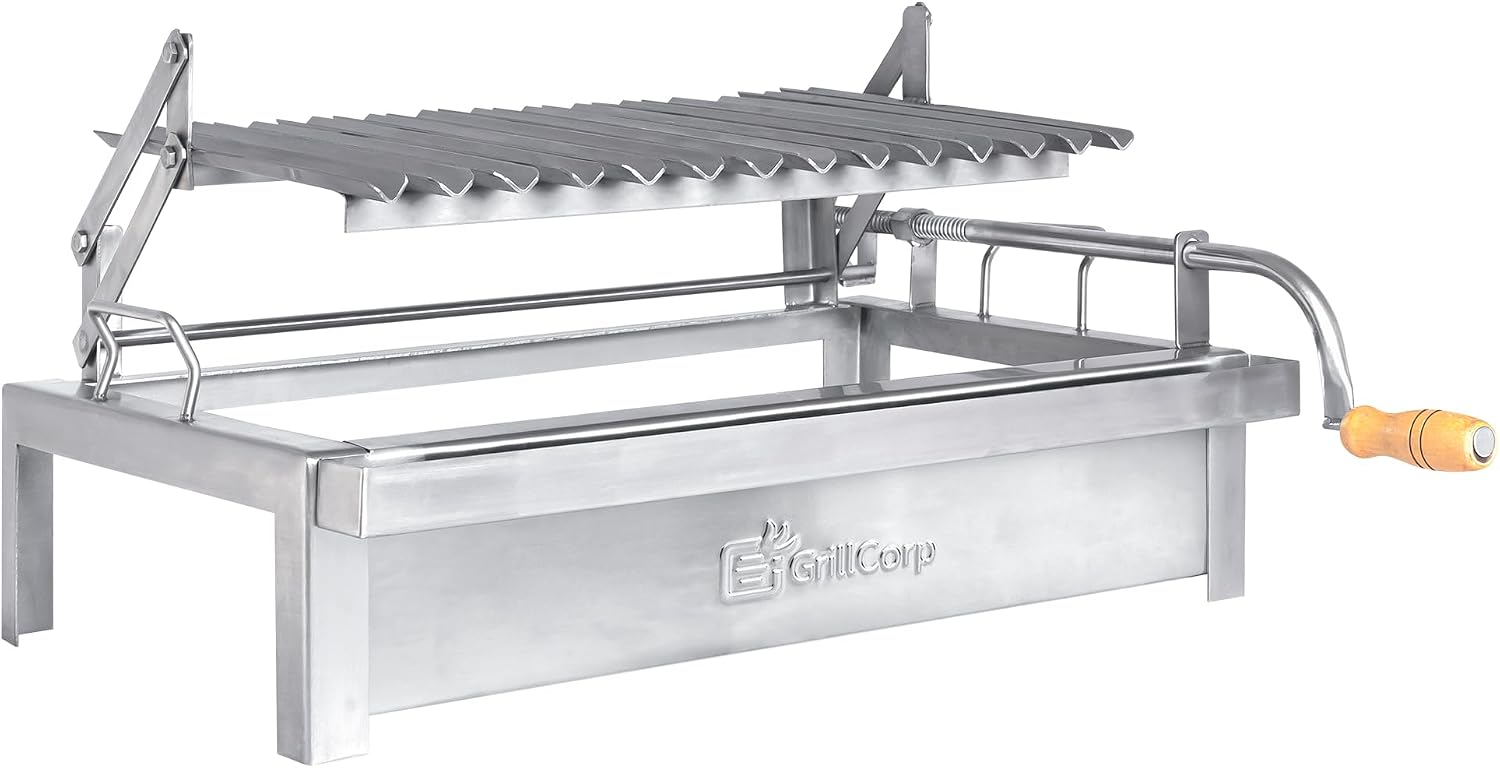 Medium Argentine Grill – Portable & Built-in 100% Stainless Steel BBQ with Lifting System & Drip Pan – Fits Medium Grillcorp Roasting Box – Outdoor Cooking & Camping Accessory