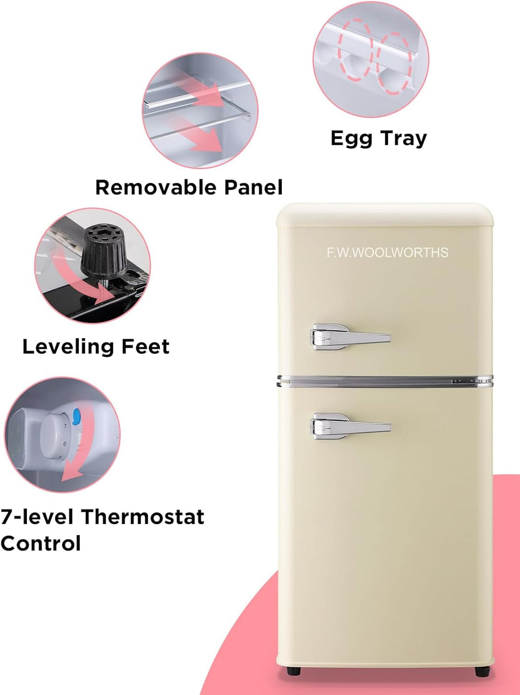 F.W.WOOLWORTHS 3.5 Cu.Ft Fridge with Freezer, Refrigerator with 2 Doors for Office, Kitchen, Dorm and Bedroom, Fridge with 7 Level Temp Adjustable Thermostat, Cream