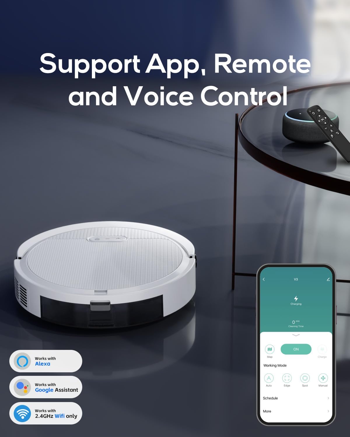 V3 Robot Vacuum and Mop Combo，3 in 1 Robot Vacuum 5000Pa Suction, Works with 2.4G WiFi/Alexa/App/Remote Control, Schedule Cleaning, Automatic Self-Charging, Ideal for Pet Hair, Hard Floor and Carpet