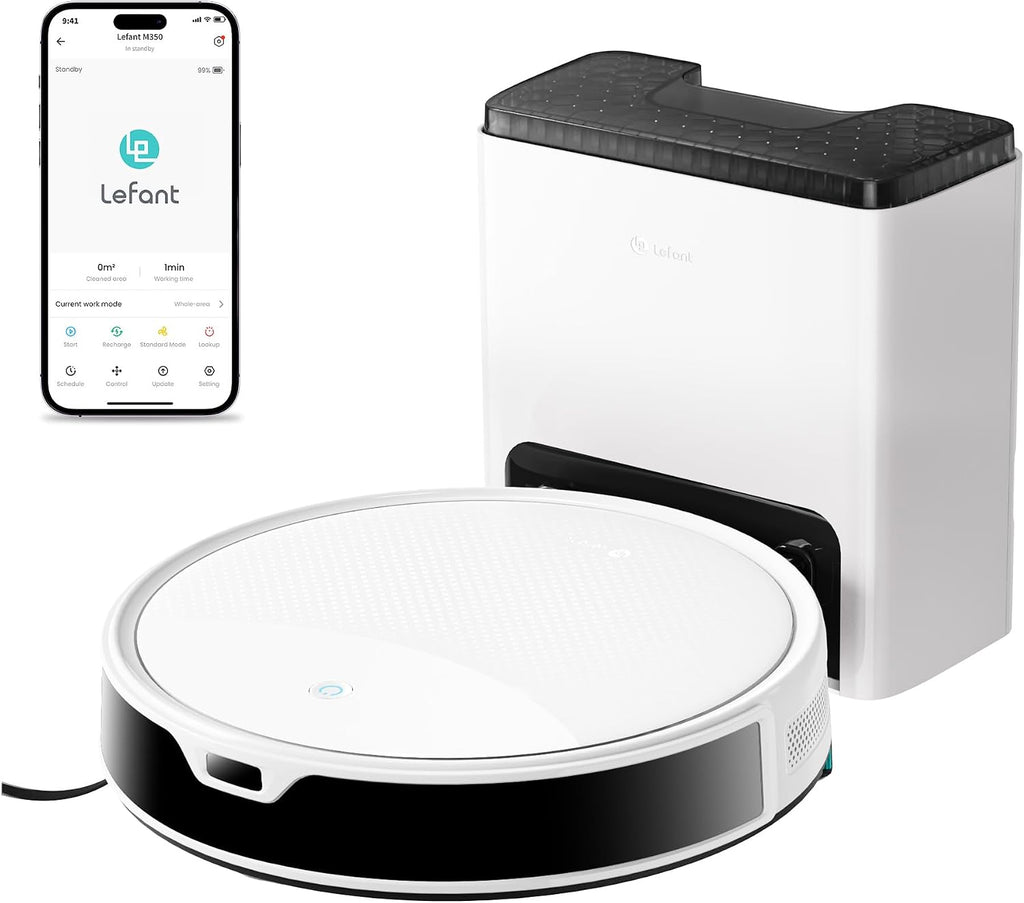 Lefant M350 Robot Vacuum and Mop Combo, 75-Day Self-Emptying, 190° PSD Obstacle Avoidance,6000Pa Suction，Quiet,Smart Navigation,Self-Charging, for Hard Floor, Carpet, Pet Hair,150 Min Runtime.White