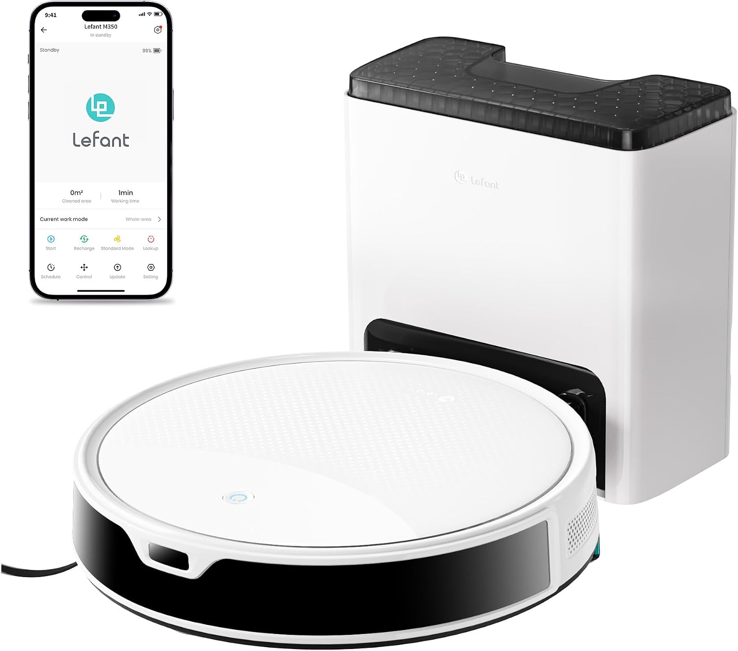 Lefant M350 Robot Vacuum and Mop Combo, 75-Day Self-Emptying, 190° PSD Obstacle Avoidance,6000Pa Suction，Quiet,Smart Navigation,Self-Charging, for Hard Floor, Carpet, Pet Hair,150 Min Runtime.White