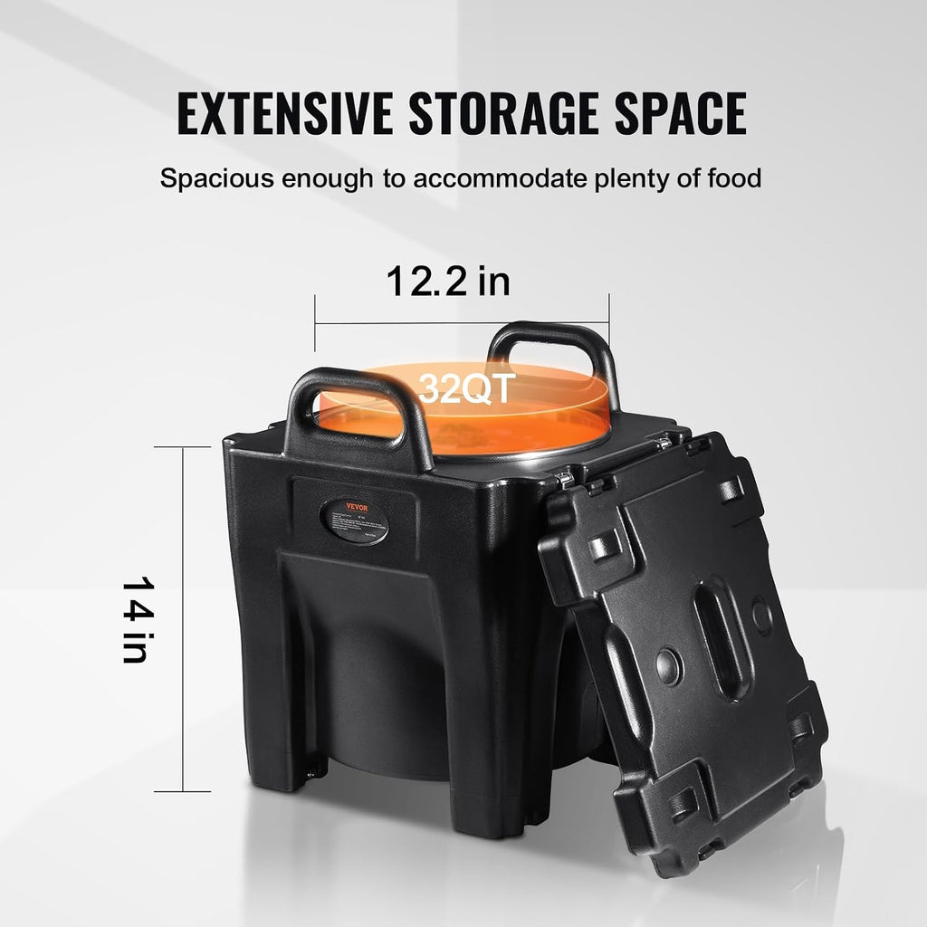 VEVOR Insulated Food Carrier, 32Qt Capacity Stackable Hot Box for Catering w/Stainless Steel Barrel, Top Load LLDPE Food Warmer w/Stationary Base, for Restaurant Canteen, Black
