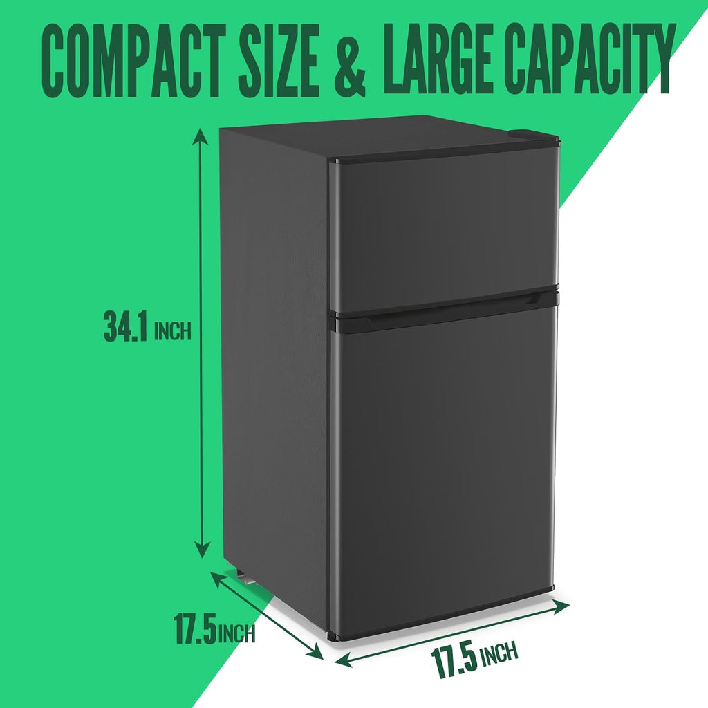 WANAI Mini Fridge with Freezer, 3.5 cubic feet 2- Doors Small Refrigerator Features 7 Gear Mechanical Control, Side Bottle Rack, LED Light, 2 Glass Removable Shelves, Crisper Drawer, Dark Grey