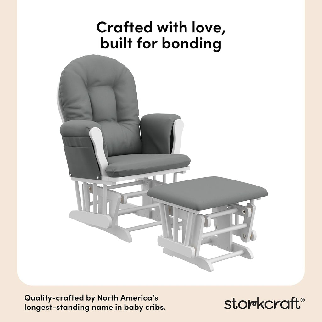 Storkcraft Premium Hoop Glider & Ottoman (White/Gray) — GREENGUARD Gold Certified Nursery Glider, Solid Wood Craftsmanship, Smooth-Gliding, Award-Winning