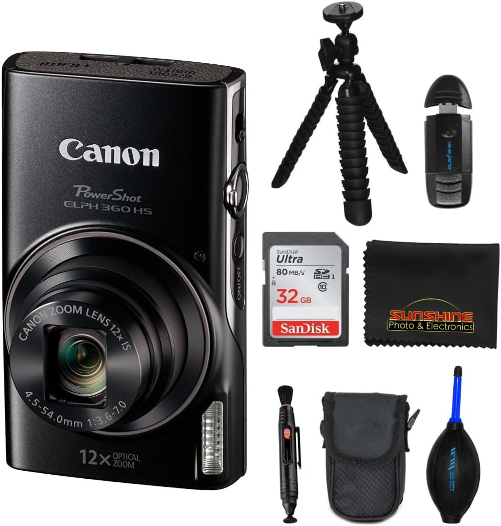 Canon PowerShot ELPH 360 HS 20.2 MP Digital Camera w/Sunshine Photo Deluxe Bundle (Renewed)