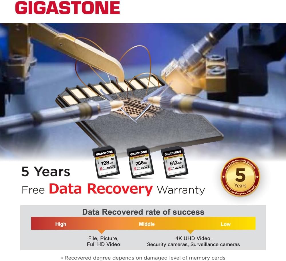 【5-Years Data Recovery】 GIGASTONE 128GB SD Card 2-Pack, 4K Camera Pro MAX, A2 4K SDXC Memory Card High Speed 4K UHD Video Compatible with Canon Kodak Digital Camera, with 2 Mini case