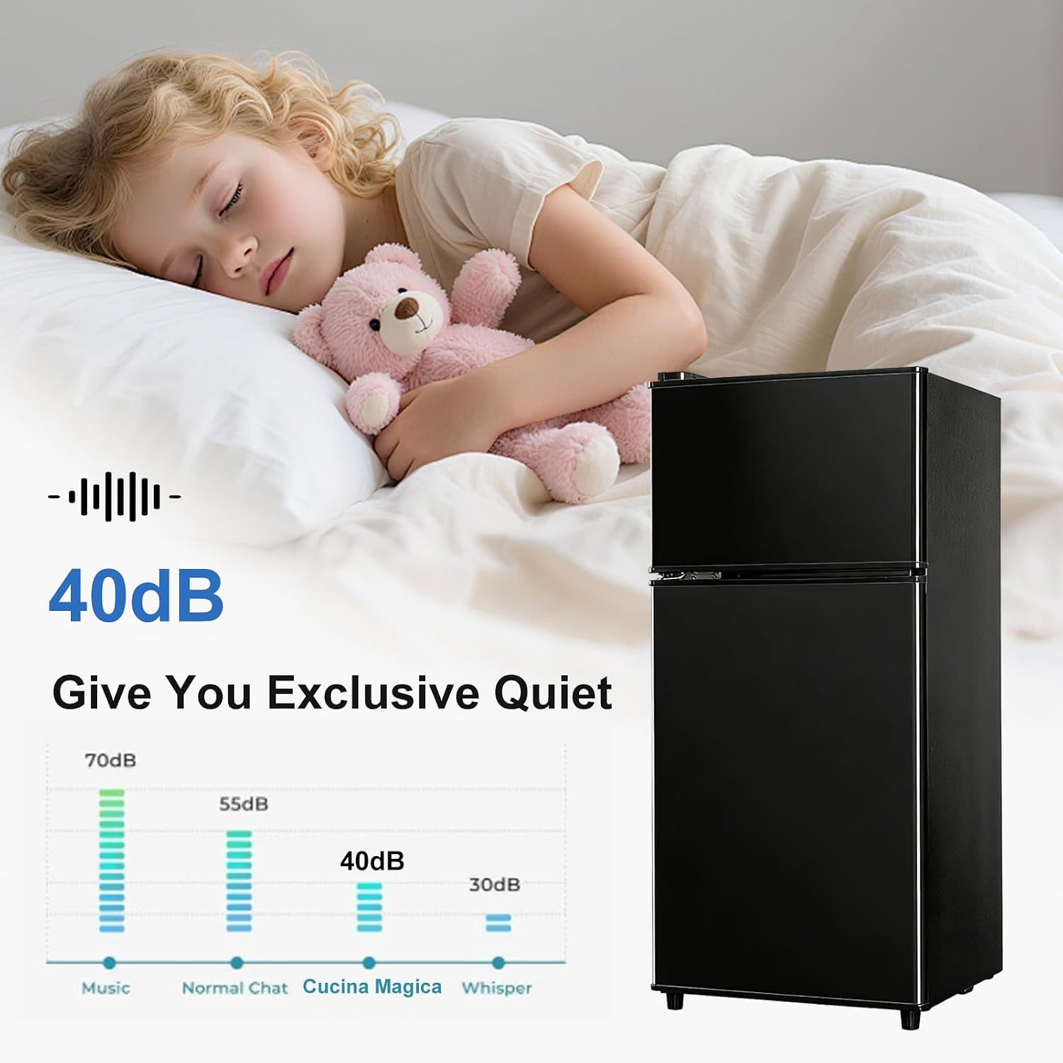 Cucina Magica Mini Fridge with Freezer, 3.2 cuft Small Refrigerator, 7 Adjustable Thermostat, Energy Saving, Low Noise, Double Door Compact Refrigerator for Dorm, Bedroom, Office - BLACK