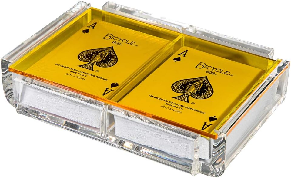 Modern Elegant Playing Card Deck Holder Tray with 2 Decks of Playing Cards in Unique Stylish Deluxe Acrylic Box with Color lid (Yellow)