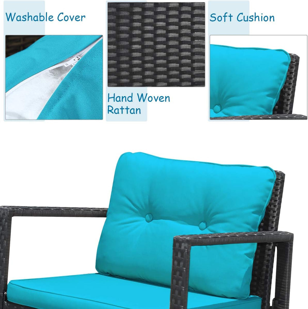 Tangkula 3 Pieces Patio Wicker Rocking Bistro Set, Outdoor Rocking Chair Furniture Set w/Cushioned Seat, Conversation Set w/Glass Coffee Table and Storage Shelf (Turquoise)