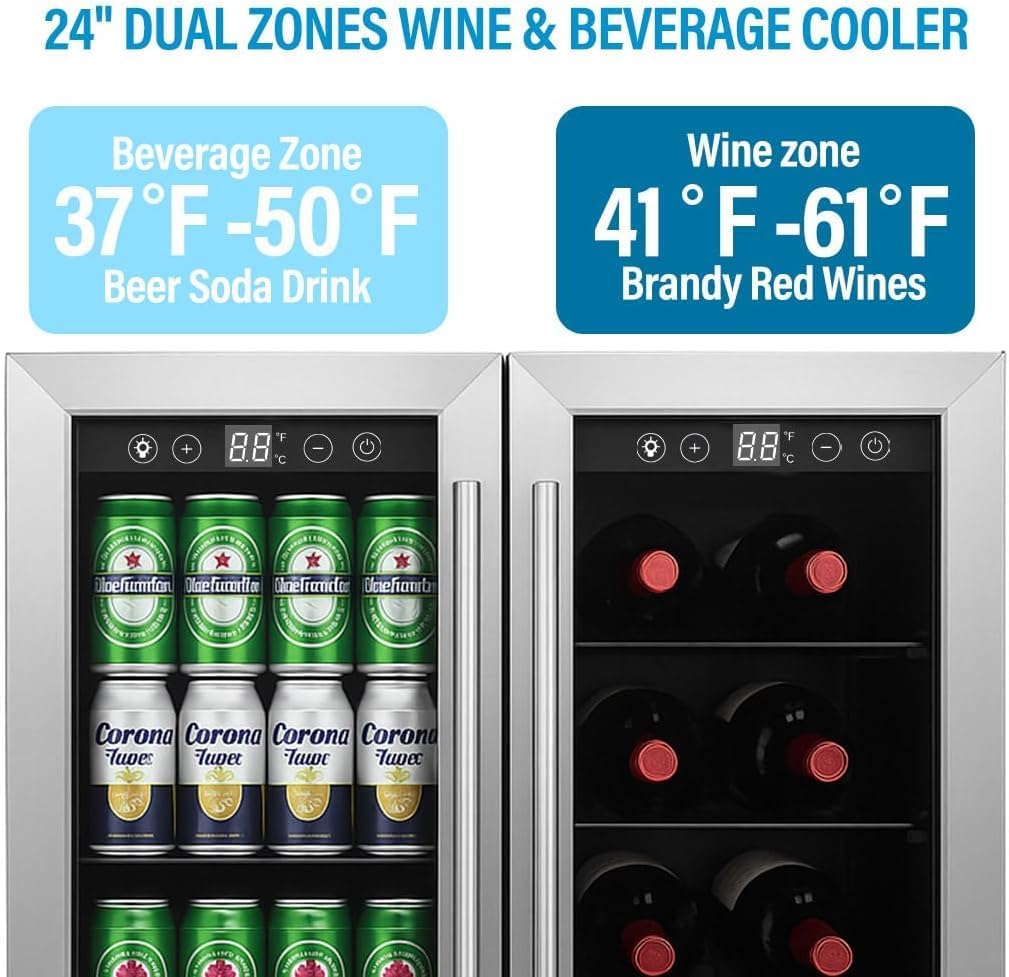 Stopasd Beverage Refrigerator Cooler, 5.4 Cu.Ft/176 Can Drink Fridge with Dual Zone Beverage Cooler Under Counter with Glass Door&LED Light, Quiet Undercounter Small Fridge for Home/Office/Bar, Silver