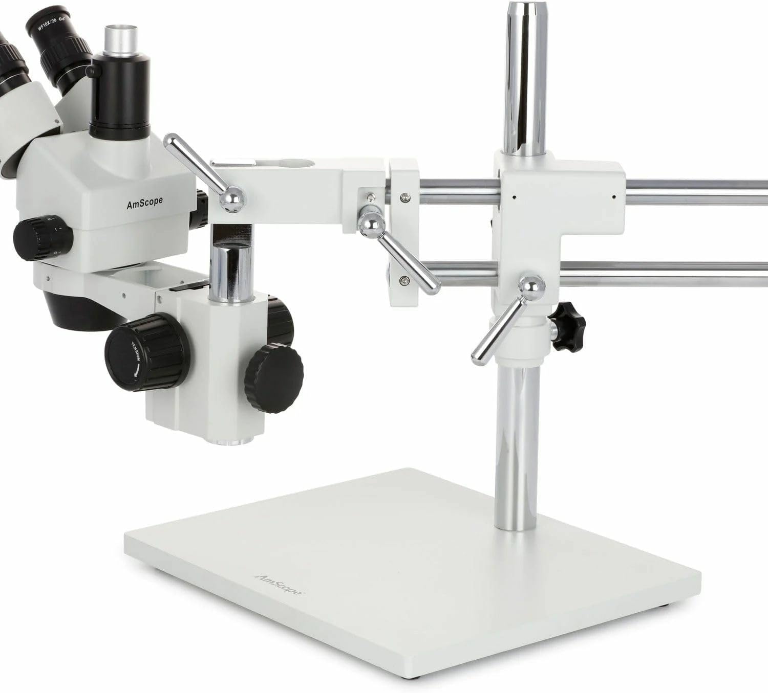 AmScope SM-4TZZ-144A Professional Trinocular Stereo Zoom Microscope, WH10x and WH20x Eyepieces, 3.5X-180X Magnification, 0.7X-4.5X Zoom Objective, Ambient Lighting, Double-Arm Boom Stand, Includes 0.5X and 2.0X Barlow Lens