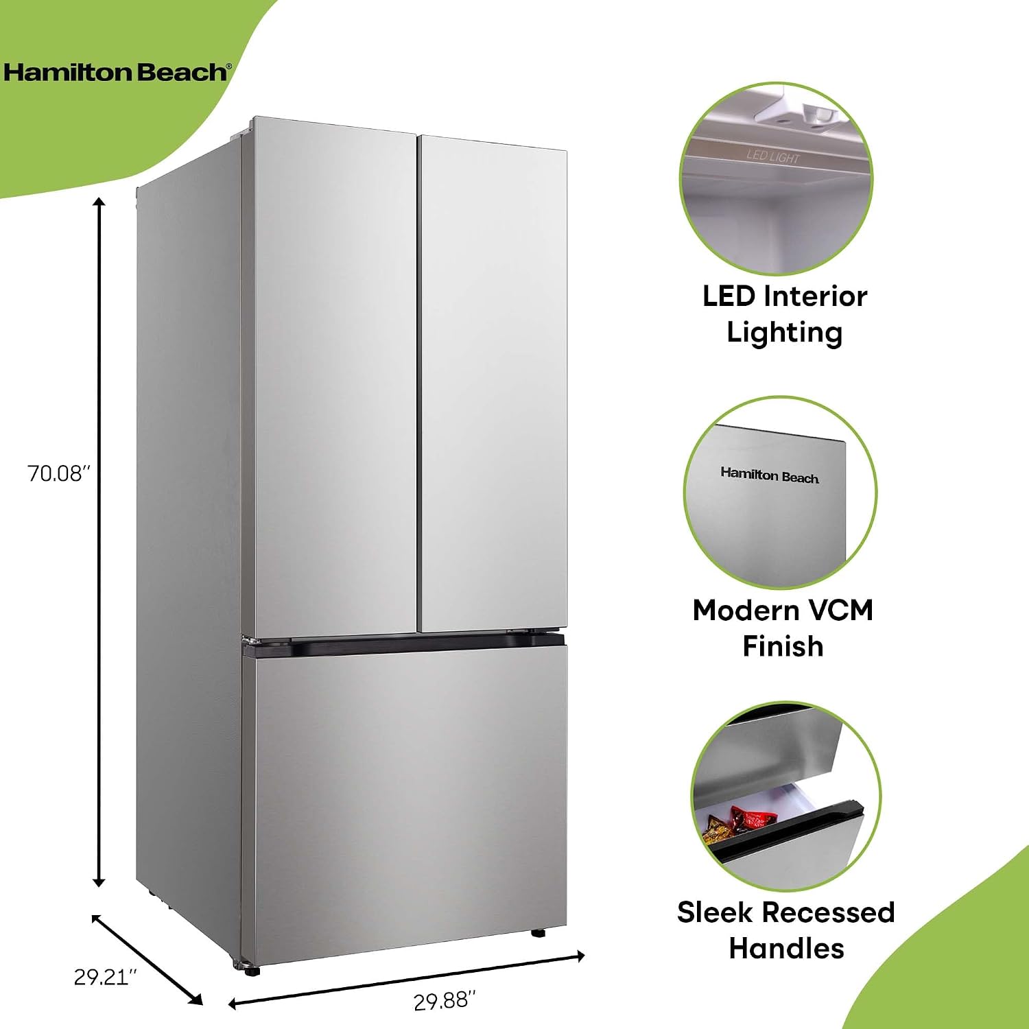 Hamilton Beach HBF1770 French Door Counter Depth Refrigerator with Freezer Drawer, 17.7 cu ft, Stainless Steel (Full Size)