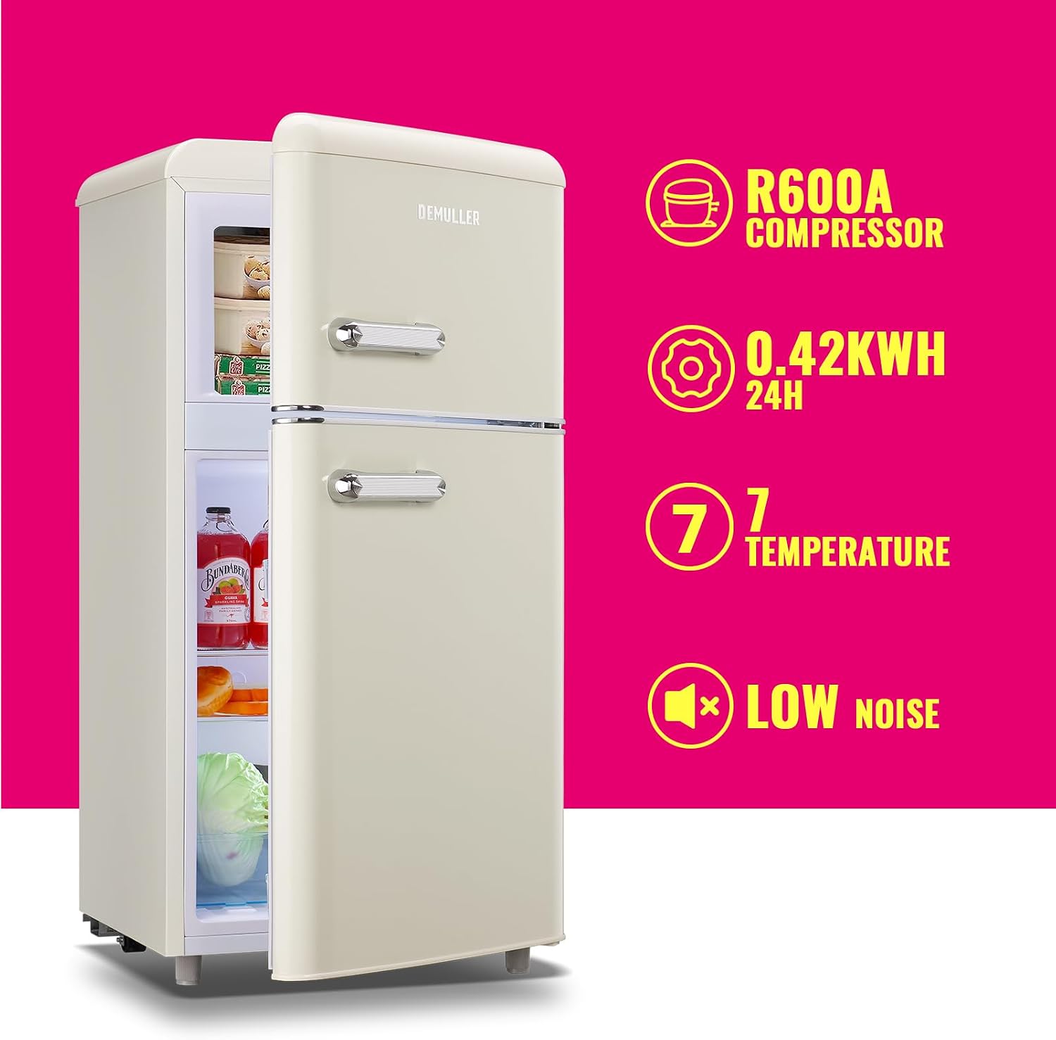 DEMULLER Retro Mini Fridge 3.5 Cu.ft Small Refrigerator with Top Freezer Compact Fridge Apartment Size Refrigerator Dual Door with Handles for Home Office Dorm