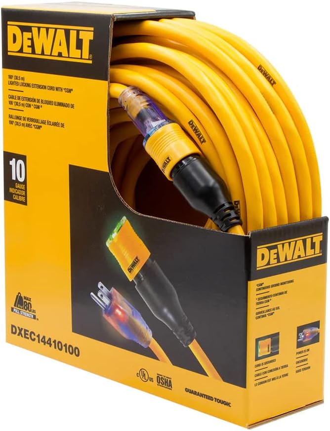 DEWALT 100 Foot Extension CordLighted Click-to-Lock 10/3 SJTW -Heavy Duty Outdoor, Waterproof, Weatherproof, Heat & Corrosion Resistant Industrial Strength Light Up Three Prong Outlet Plug Power Cord