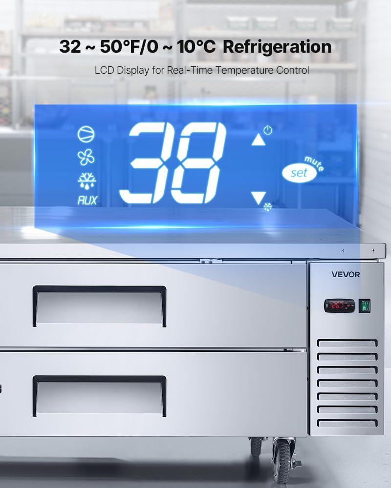 VEVOR Chef Base Refrigerator, 52' W Commercial Chef Bases Worktop Refrigerators, 2-Drawer Under Counter Fridge with 8 Pans Stainless Steel, Heavy-Duty Refrigerated Base, Invisible Door Handle