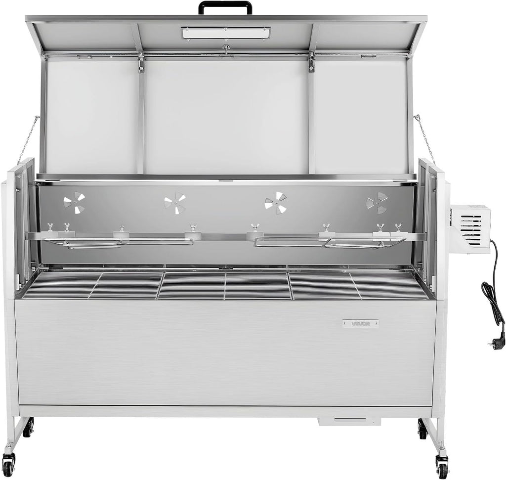 VEVOR Rotisserie Grill, 52in BBQ Outdoor Pig & Lamb Spit Roaster, Charcoal Spit Roaster with 132 LBS Capacity, Wheels, 4-Level Height, Stainless Steel Electric Rotisserie Grill Kit for Camping Outdoor