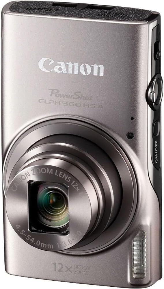 Canon PowerShot ELPH 360 HS A Digital Camera (Silver) | 20.2MP CMOS Sensor, 12x Optical Zoom & Built-in Wi-Fi | Compact Point-and-Shoot for Travel (7283C001) + 64GB Card + Case+ More